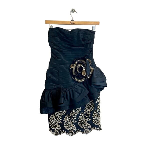 Vintage Julie Duroche 8 black metallic gold ruffle mini dress - Picture 1 of 10
